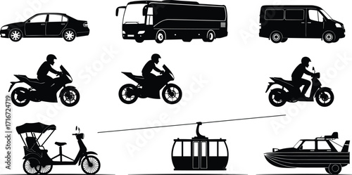 Silhouettes of Land, Water, and Aerial Vehicles Including Car, Bus, Motorcycle, Scooter, Rickshaw, Gondola, Cable Car, and Motorboat Icons