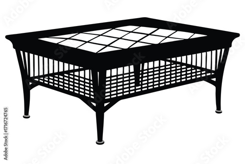 Black Silhouette of a Wicker Coffee Table with a Grid Patterned Surface Design
