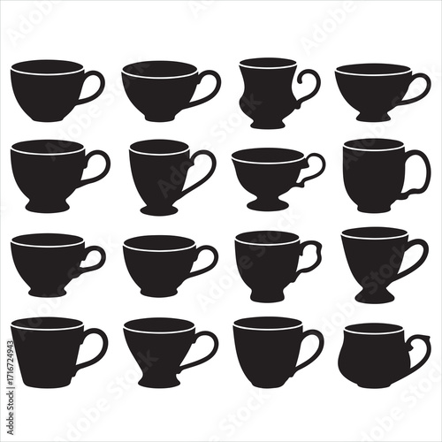 Vector silhouette icon set of coffee and tea ceramic mugs with saucer for a cafe restaurant design