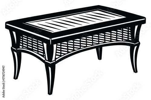 Black Wicker Coffee Table with Slatted Surface and Curved Legs Illustration