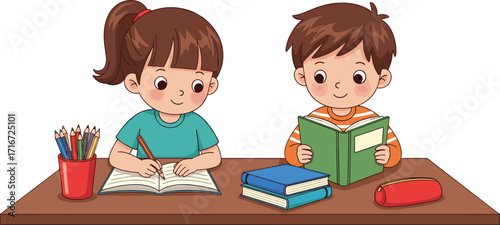 Studying, cartoon, children, table, homework, learning, education, books, pencils, reading, writing, school, classroom, vector, illustration, focus, activity, teamwork, notebook, pencil case, containe
