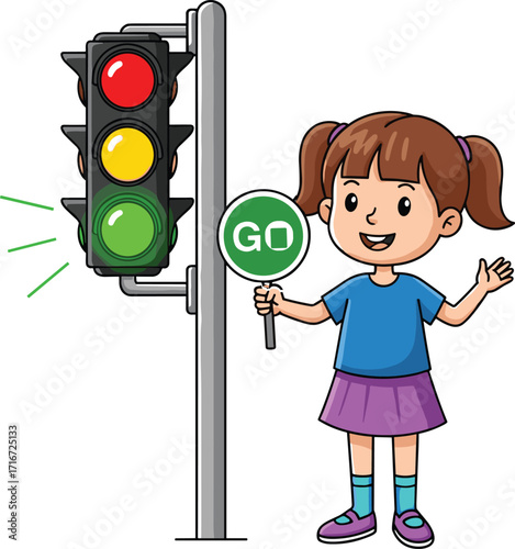 Traffic, safety, cartoon, child, girl, pedestrian, signal, green light, go sign, vector, illustration, education, road, rules, awareness, smiling, standing, blue shirt, purple skirt, traffic light