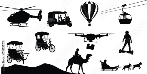 Silhouettes of Traditional and Modern Transportation Icons Including Rickshaw, Drone, Camel, Balloon, Sled, Hoverboard, Helicopter, and Cable Car