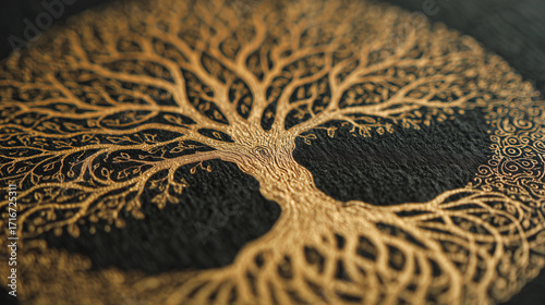 A close-up of a Tree of Life drawn with golden ink on black background