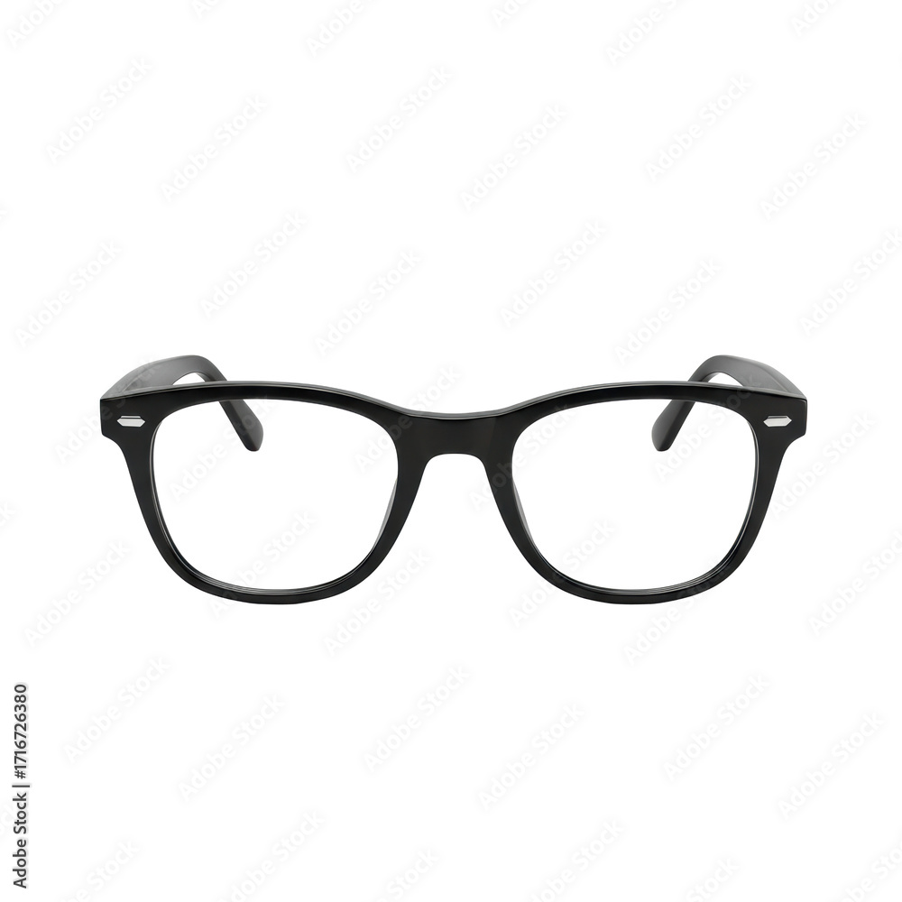 Fototapeta premium Classic black retro-style eyeglasses with thick acetate frames and clear lenses, isolated on a transparent background with soft shadow and copy space, timeless elegance and classic design