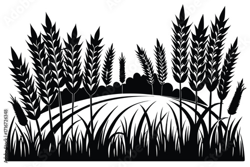 Silhouette of Wheat Field Landscape with Grass Blades Agriculture and Farming Illustration