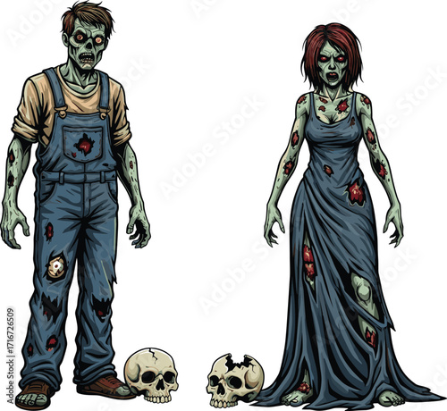 zombie, undead, horror, couple, skulls, grotesque attire, exposed wounds, monster, scary, Halloween, creepy, infected, vector, illustration, fantasy, character, walking dead, nightmare, gore, spooky