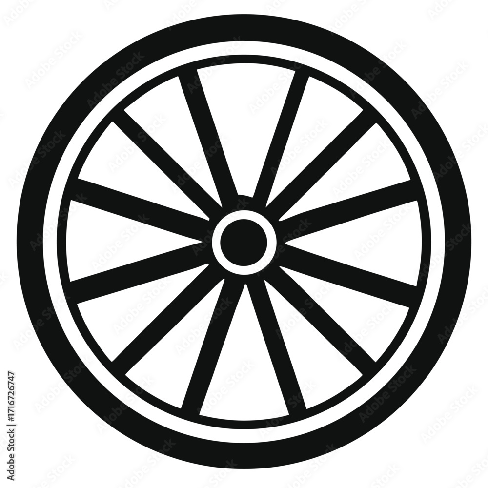 Fototapeta premium Black silhouette of spoked wheel with rounded center in vector format, design element