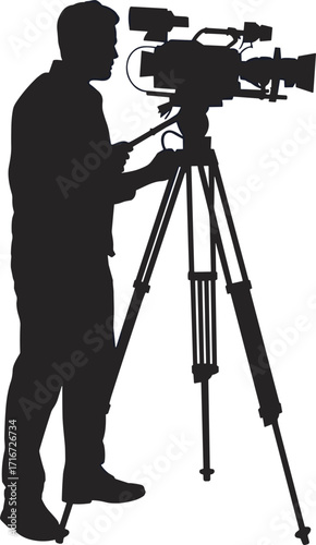 Black silhouette of a cameraman with a professional video camera on a tripod, illustrating media production, filming, and broadcasting concepts
