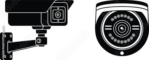 Two different security camera illustrations, a bullet camera and a dome camera, representing modern surveillance and home security technology vector graphics