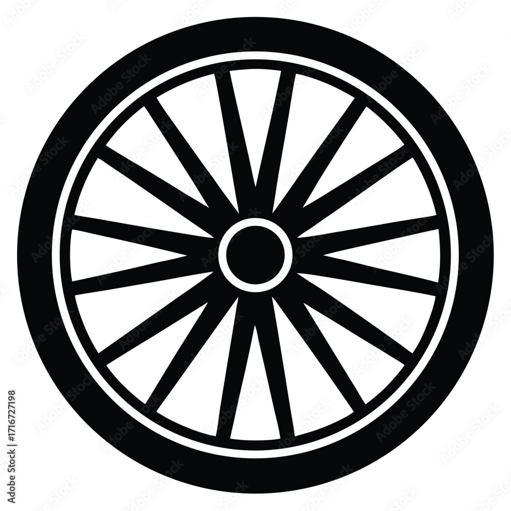 Fototapeta premium Black and White Illustration of a Wagon Wheel with Spokes and Rim