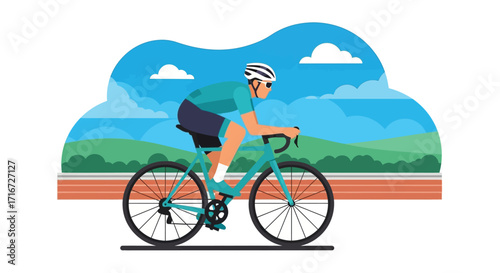 Cyclist on Bicycle Riding on Track with Scenic Landscape Background Illustration