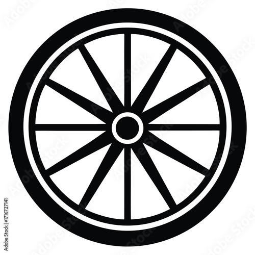 Black and White Silhouette of a Cartwheel with Spokes and Hub Design