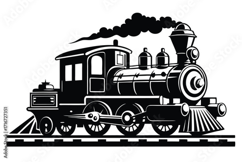 Black and White Illustration of a Steam Train Puffing Smoke on Railway Tracks