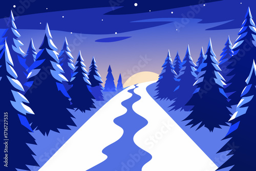 Winter wonderland snowy path through pine forest at dusk