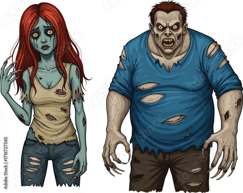 zombie, undead, horror, couple, glowing eyes, exposed wounds, grotesque anatomy, monster, scary, Halloween, creepy, infected, vector, illustration, fantasy, character, walking dead, nightmare