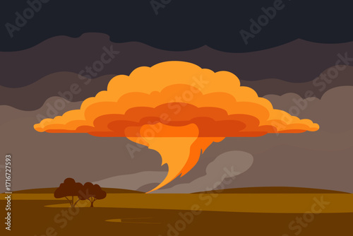 Stylized mushroom cloud explosion over barren landscape