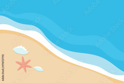 Stylized beach scene with ocean waves and seashells