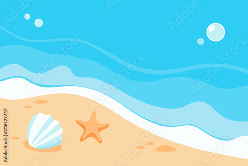Cartoon beach scene with seashell and starfish