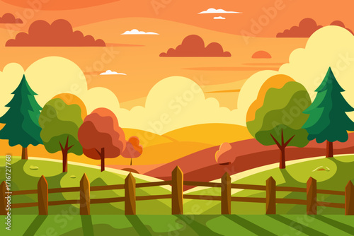 Vibrant autumn landscape with rolling hills and trees