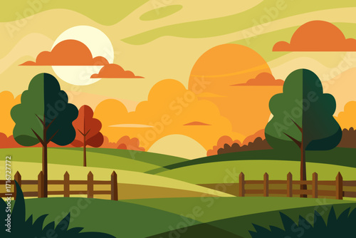 Stylized rural landscape at sunset with rolling hills and trees