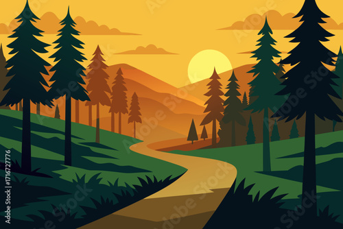 Serene forest path at sunset with rolling hills