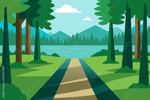 Path leading to a serene lake surrounded by trees and mountains
