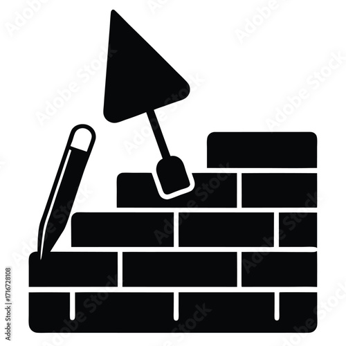 Black Silhouette of Bricklaying with Trowel and Pencil on White Background Keywords: bricklaying, construction
