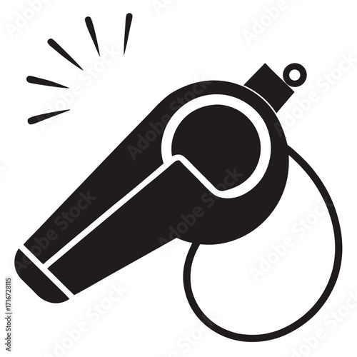 Black Whistle Icon with Sound Waves on White Background Keywords: whistle, sound, signal, referee, coach, sports