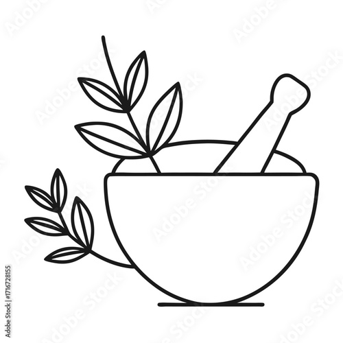 Outline of Mortar and Pestle with Herb Sprig on White Background plant leaf