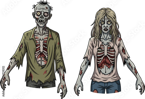 zombie, undead, horror, couple, exposed ribs, internal organs, grotesque anatomy, monster, scary, Halloween, creepy, infected, vector, illustration, fantasy, character, walking dead, gore, nightmare