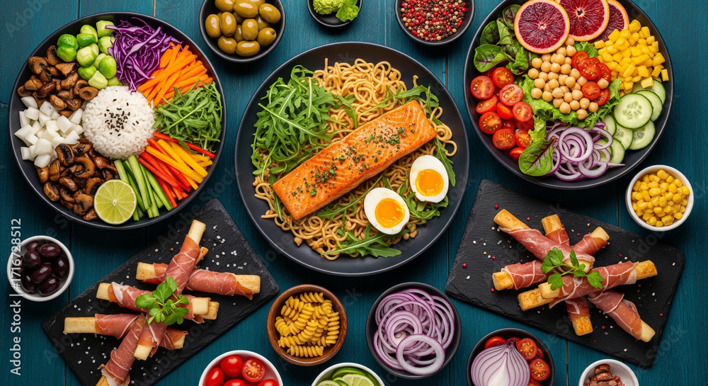 Fototapeta premium Overhead Food Photography of Colorful Balanced Mediterranean Inspired Dishes for Promotional Campaigns, Nutritional Education, Lifestyle Magazines, Restaurant Advertising, or Food Industry Promotions