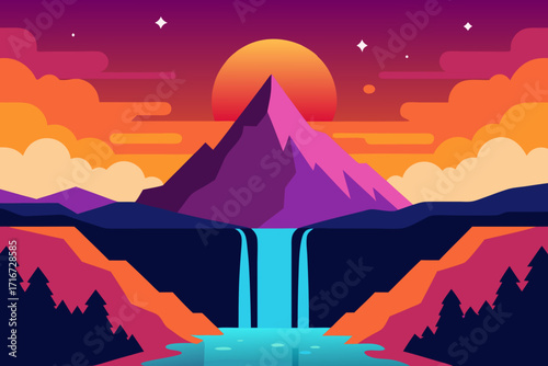 Vibrant sunset over majestic mountain waterfall landscape