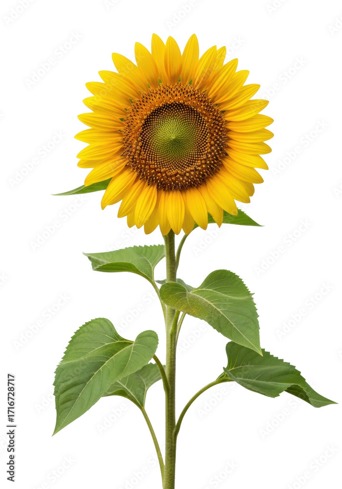 Obraz premium A single, vibrant common sunflower with golden yellow petals, a deep brown seed disc, and green leaves and stem, isolated against a transparent studio background with copy space, showcasing natural