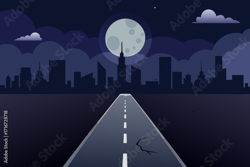 Lonely road leading to a city under a full moon