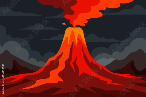 Volcano erupting with lava and smoke under dark clouds