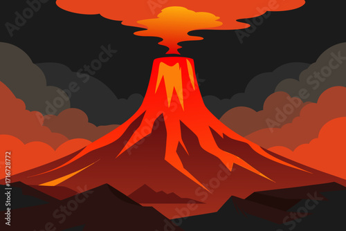 Fiery volcano eruption under a dark sky