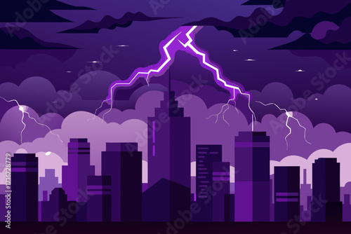 Purple cityscape under a lightning storm