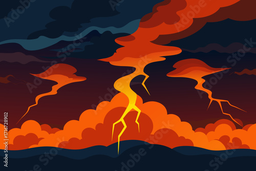 Fiery volcanic eruption with lightning strikes in dark sky