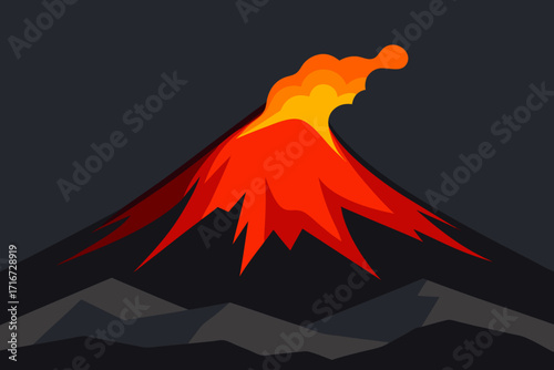 Stylized volcano eruption with fiery lava and smoke