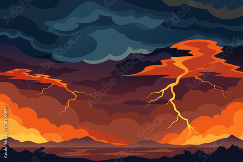 Dramatic landscape with fiery clouds and lightning strikes