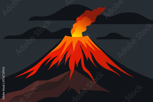 Stylized volcano erupting with lava and smoke under dark clouds