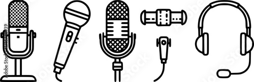 Stroke line icons set of microphones.