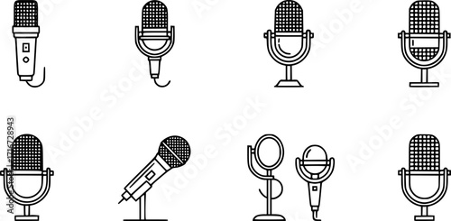 Stroke line icons set of microphones.