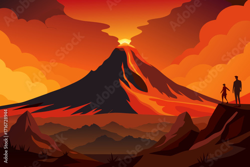 Volcano eruption landscape with silhouetted figures