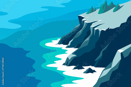 Stylized coastal cliffs meeting turquoise waves under a blue sky