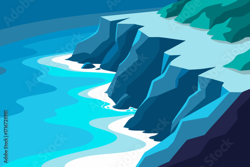 Stylized coastal cliffs meeting turquoise ocean waves