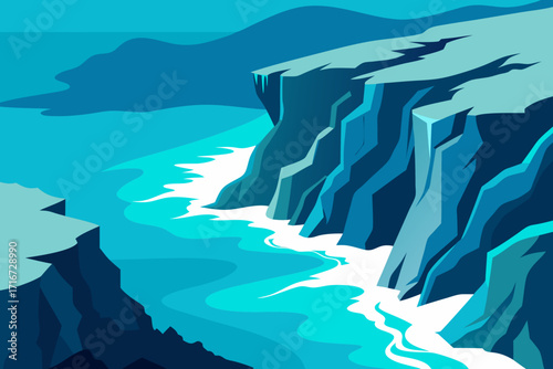 Stylized ocean cliffs and waves in cool blue tones