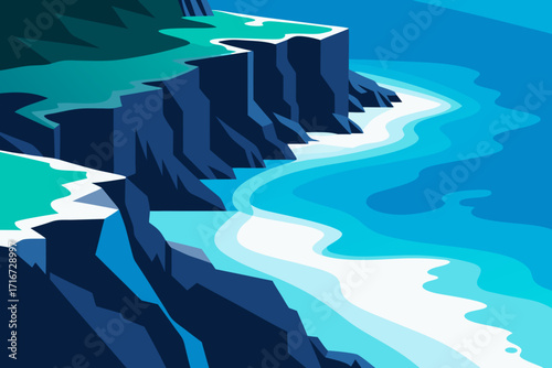 Stylized cliffs meeting turquoise ocean waves