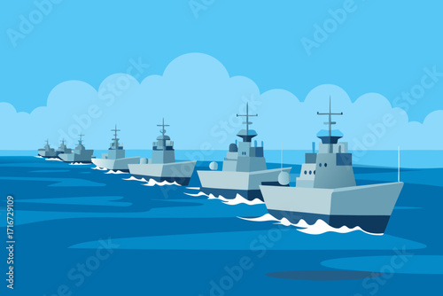 Modern warships in formation sailing on a calm blue sea
